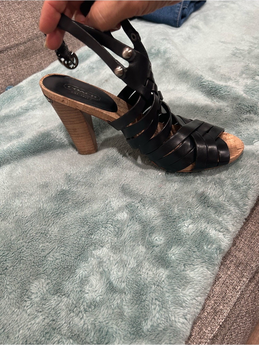 Coach Black Leather Strappy Sandals with Wood-Tone Block Heel - Picture 6 of 13